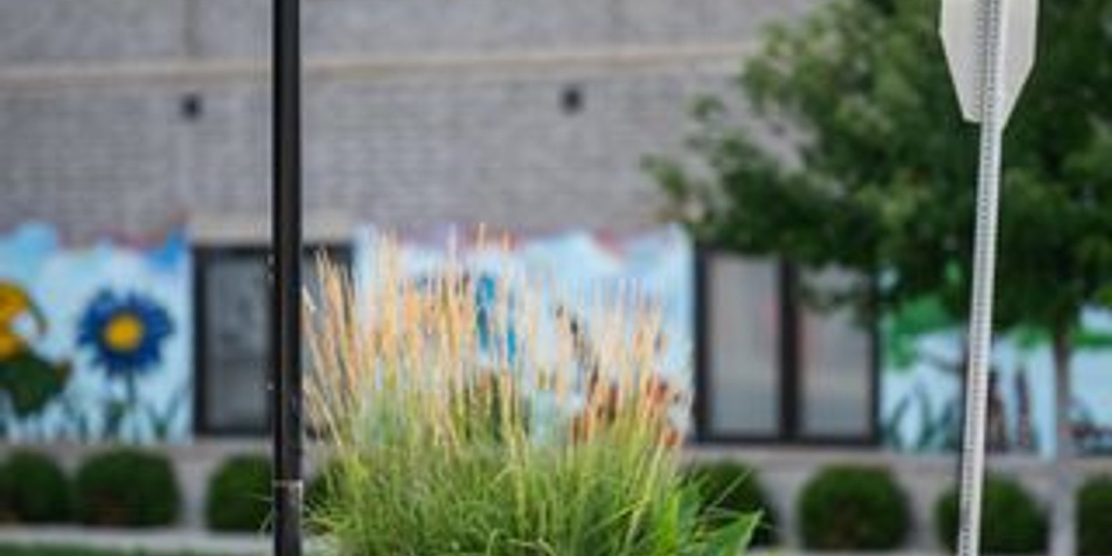 A solar-powered license plate reader camera on a black pole beside a planter outside a brick apartment building