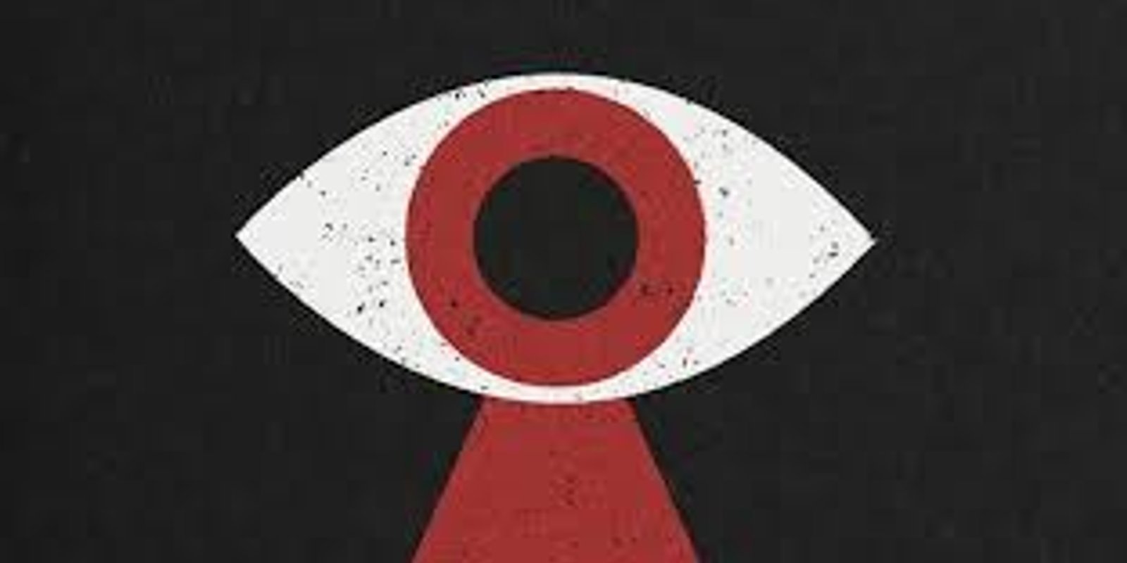 A graphic of a single large red and white eye on a black background